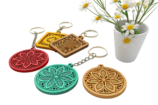 Colorful carved wooden keychains with floral patterns and a vase of daisies