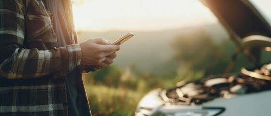 The Car With Open Hood And Person Using Smartphone At Sunset