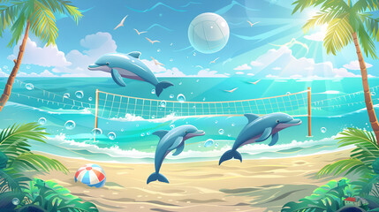 Cheerful dolphins playing volleyball on vibrant sunny beach vacation scene