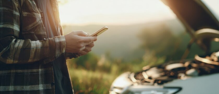 The Car With Open Hood And Person Using Smartphone At Sunset