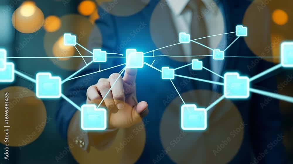 Poster business hand clicking virtual screen for document management utilizing online documentation databas