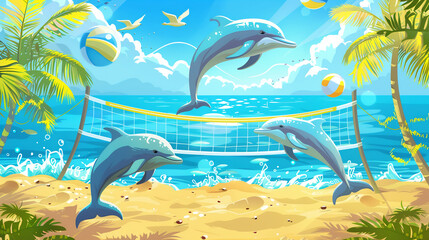 Joyful dolphins leaping over volleyball net on sunny beach cartoon illustration