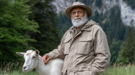 Middle-aged man stands confidently beside a goat in a picturesque mountain setting on a cloudy day, showcasing a serene moment