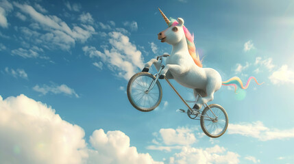 Whimsical unicorn riding bicycle through the sky with fluffy clouds and bright sunshine