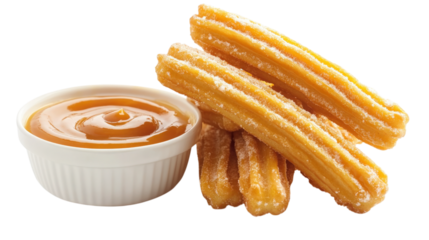 Delicious Churros with Caramel Dip isolated on a Transparent or white Background