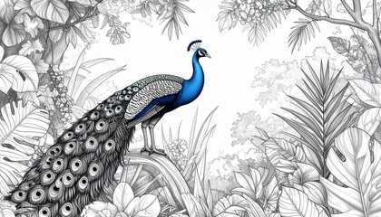 Elegant peacock illustration with intricate details perfect for sophisticated branding and unique creative projects © abin