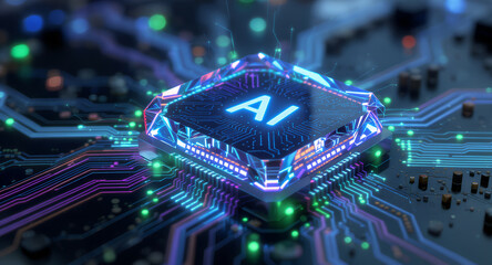 Futuristic ai processor with glowing circuits and neon lights representing advanced technology
