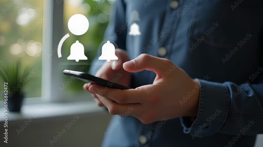 Poster man holding smartphone pressing notification bell on app screen close up remote online alerts home s