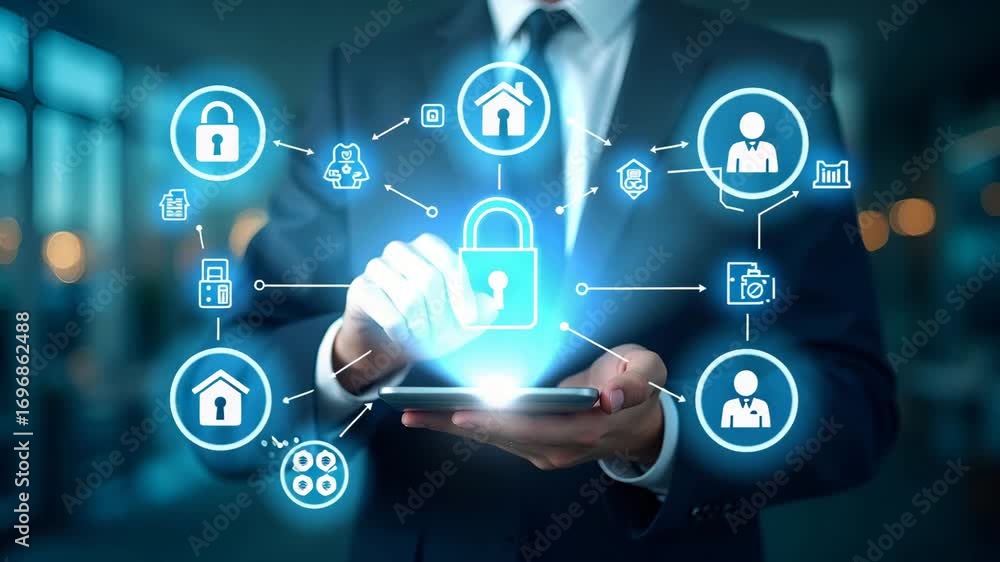 Poster business professionals using global network security technology with encryption and padlock icons on