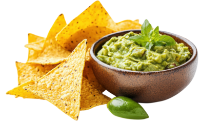 Delicious Guacamole with Tortilla Chips isolated on a Transparent or white Background