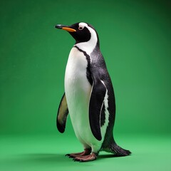Obraz premium Chinstrap penguin stands on green screen background. Bird features black, white plumage, distinct chinstrap marking. Ideal for nature documentaries, educational content, creative projects needing