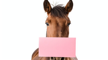 Curious horse holding a pink sign with copy space to add your branding message