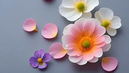 Floral arrangement with pastel petals and blossoms on a muted gray background surface