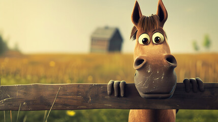Cartoon horse curiously peering over rustic fence in sunny meadow background