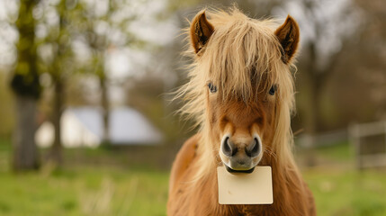 Adorable Shetland pony with blank card, perfect for heartwarming animal concepts