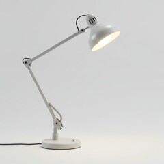 Adjustable White Metal Desk Lamp Illuminating on White Background in Studio
