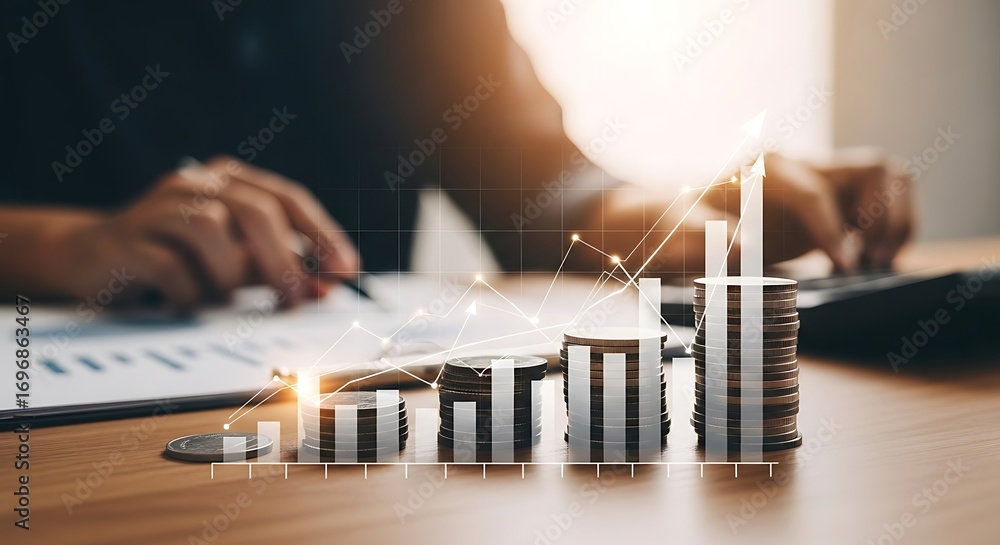 Poster stack of coins forming a growth chart with business person working in background
