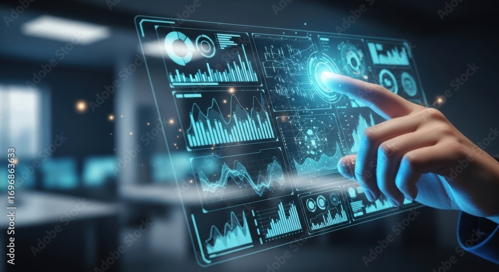 Poster futuristic digital interface with hand interacting with data visualization