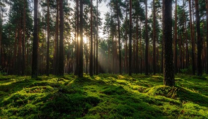 Fototapeta premium Majestic Sunrise in a Pine Forest: Nature Photography at its Finest