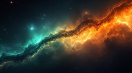 Fototapeta premium A mesmerizing cosmic dance unfolds with vibrant orange and teal nebulas swirling in the vast expanse of the universe