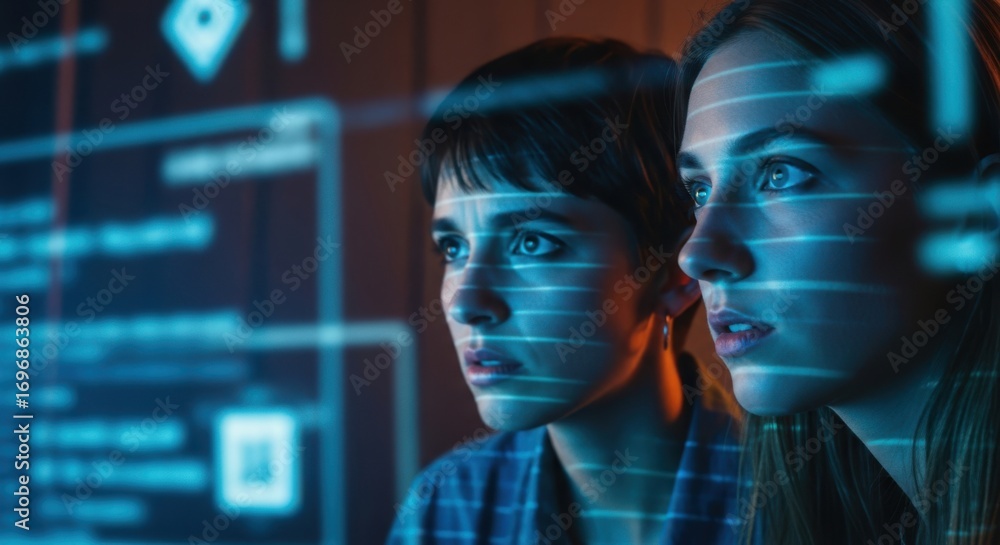 Poster digital world faces futuristic cyber security and data analysis
