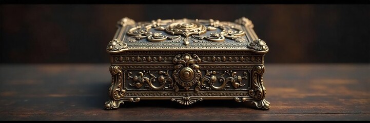 Intricately Carved Antique Jewelry Box Rests on Dark Wood, Elegant Floral Details, Perfect for Vintage Luxury and Ornate Design Projects, Websites, and Blogs.