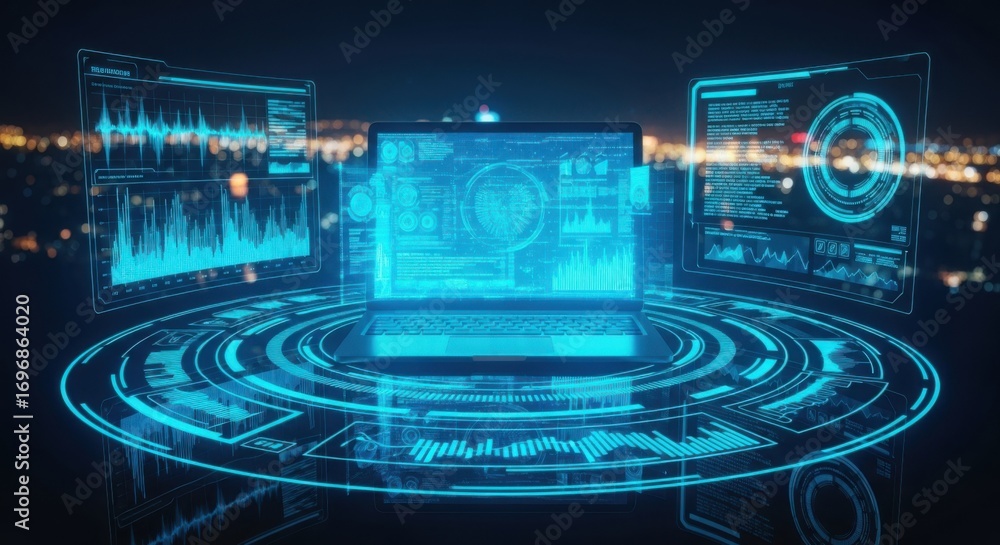 Poster futuristic digital holographic interface with data visualization display