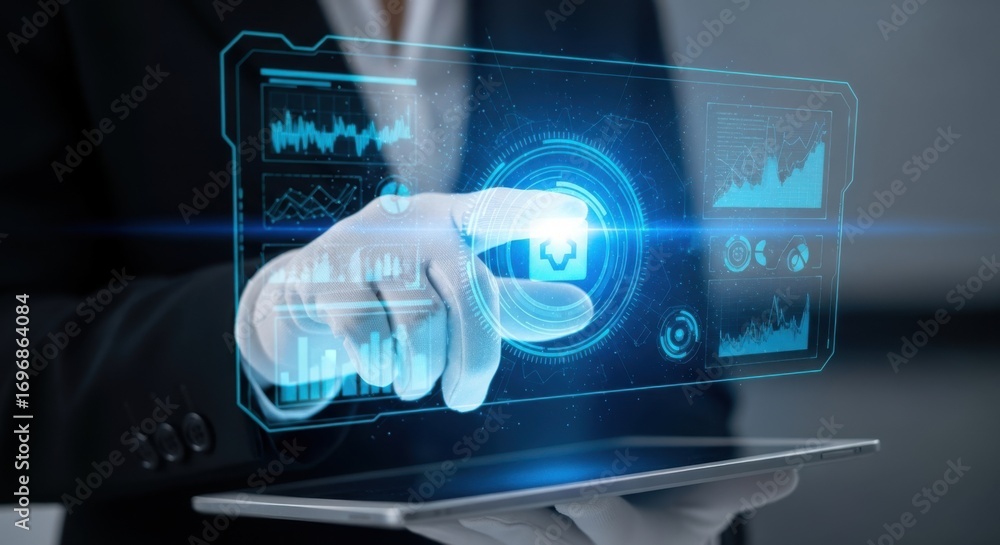Poster futuristic interface hand touching interactive digital display technology