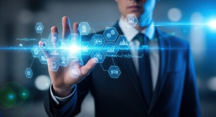 Businessman interacting with futuristic digital interface technology