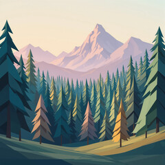 Majestic Mountain Range with Pine Forest at Sunset