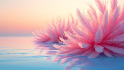 Pink feathers floating on water reflecting the sky at sunset creating a serene scene