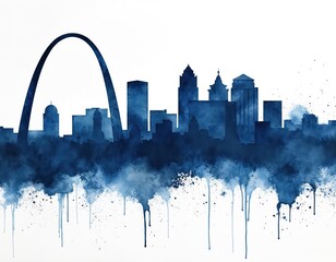 Fototapeta premium Watercolor illustration St Louis skyline with Gateway Arch. Blue city silhouette, watercolor splash, drips on white background. United States landmark, urban cityscape with historic architecture.