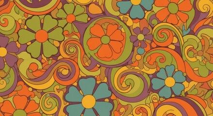 Vibrant Retro Floral Pattern, 70s Psychedelic Flower Power Background