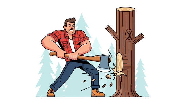 Lumberjack in Action: A strong lumberjack in a classic plaid shirt confidently swings an axe, demonstrating skill and determination to cut down a large tree. The scene showcases strength, work ethic.