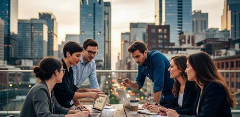 Young startup team discusses new project strategies in an urban setting