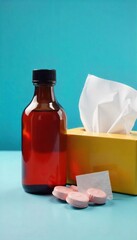Close-up shot of a bottle of cough syrup, alongside a box of cough drops and tissues, suggesting relief from cold and flu symptoms , comfort, medicine bottle