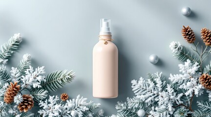 A minimalist winter scene showcases a cosmetic bottle surrounded by snowdusted pine branches and decorative silver ornaments