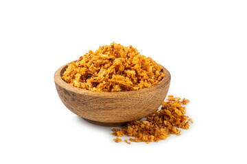 Crispy fried onion isolated on white background. Roasted Onions. Seasoning for dishes. Spices. Salad dressing. Space for text. Copy space