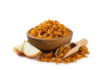 Crispy fried onion isolated on white background. Roasted Onions. Seasoning for dishes. Spices. Salad dressing. Space for text. Copy space