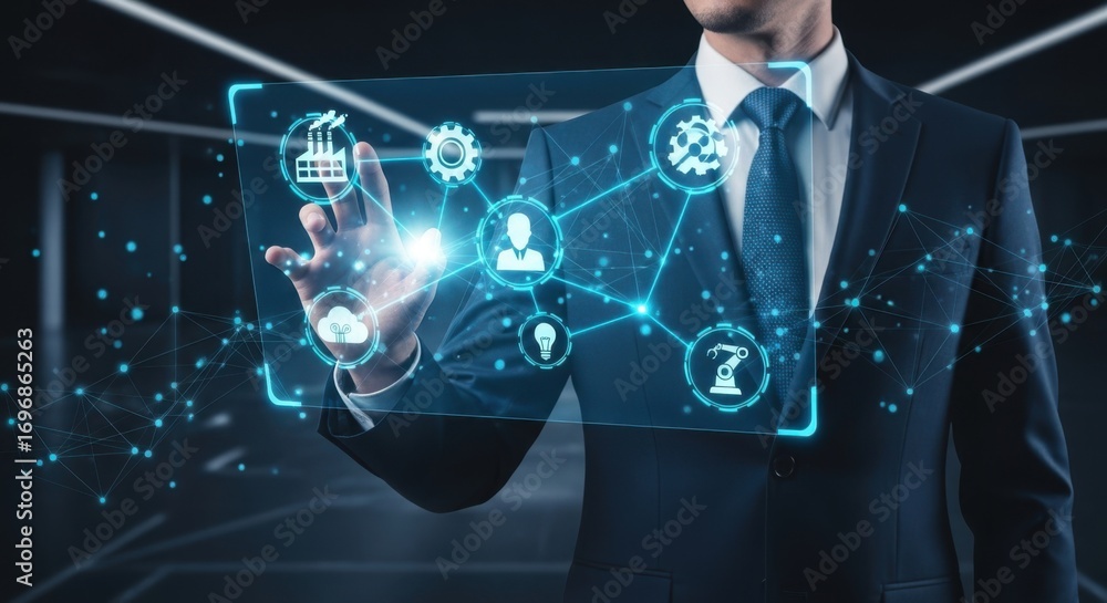 Poster man interacting with futuristic digital network interface technology