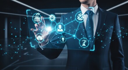 Man interacting with futuristic digital network interface technology