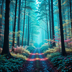 Magical Forest Path with Sunbeams and Glowing Trees