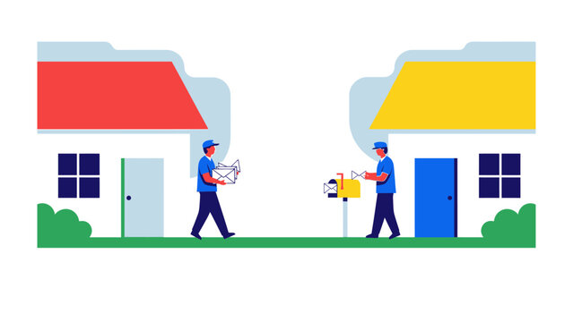 Delivery Day: A charming illustration of postal workers delivering packages and mail to houses. This delightful artwork captures the essence of everyday life.