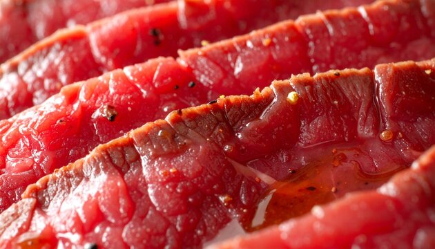 Succulent sliced beef steak glistening with savory marinade, ready for gourmet dining preparation.