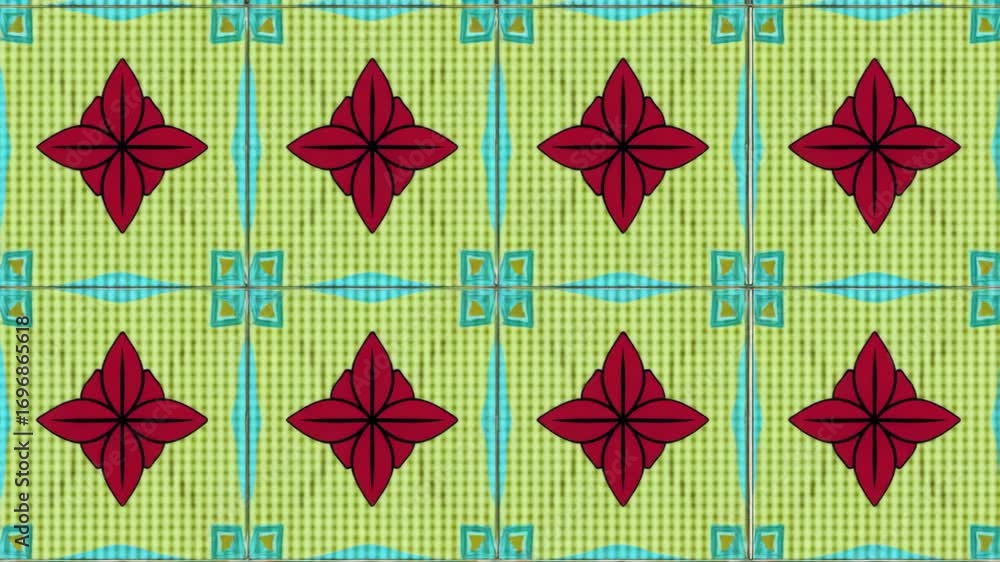 Poster flat craft symmetrical tile design featuring bird of paradise elements on bright backgrounds; highli