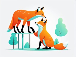 Obraz premium Two foxes interacting playfully in a stylized forest setting
