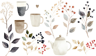 Watercolor tea set with mugs, teapot, berries and leaves. Rustic autumn and winter clipart collection for cards, invitations, packaging, scrapbooking, textiles and cozy seasonal decor.