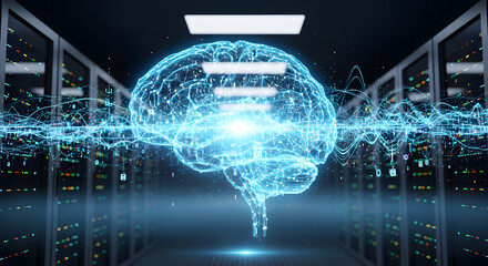 Digital Brain with Glowing Neural Connections inside a data center