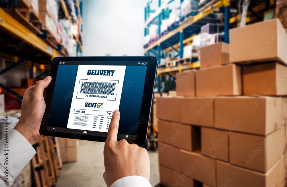 Poster warehouse management innovative software in computer for real time monitoring of goods package deliv