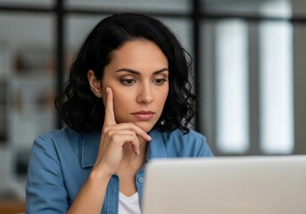Focused professional woman deep in thought working on a laptop in an office setting